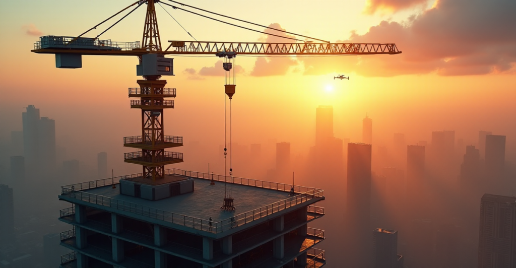 "A sleek silver construction crane stands atop a modern skyscraper's foundation in a bustling cityscape at sunset, surrounded by cutting-edge automation technology."