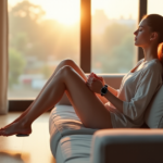 A young woman relaxes on a modern couch with various wellness gadgets and a smart speaker nearby, surrounded by natural light and soft textures.