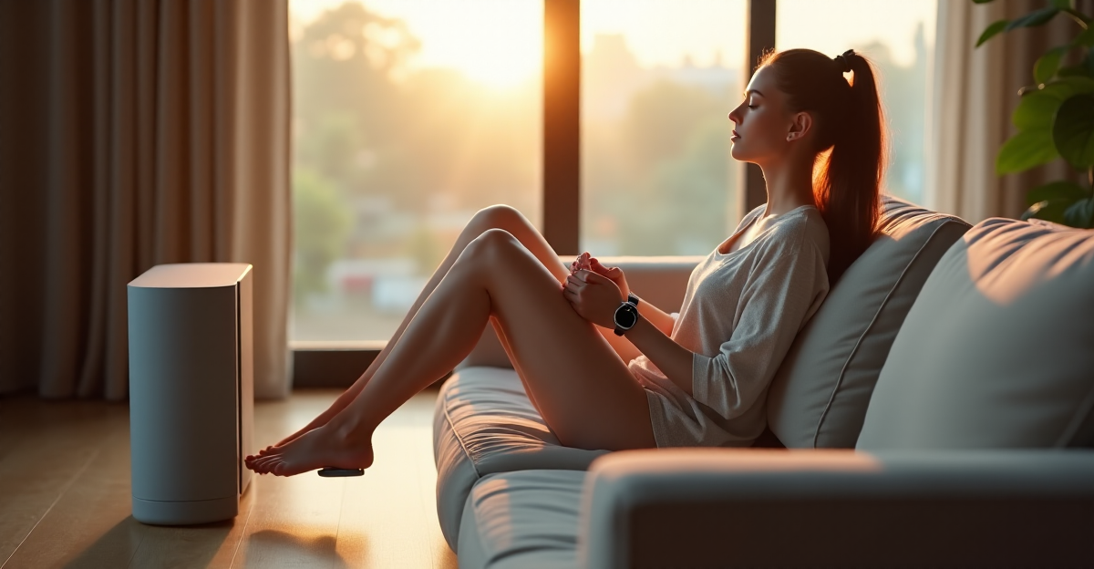 A young woman relaxes on a modern couch with various wellness gadgets and a smart speaker nearby, surrounded by natural light and soft textures.