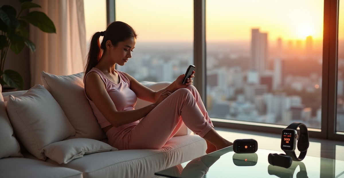 A young woman sits on a minimalist couch surrounded by cutting-edge 5G gadgets and wellness technology, enjoying serene city views through floor-to-ceiling windows at sunset, while interacting with top 5G connectivity gadgets 2025.