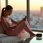 A young woman sits on a minimalist couch surrounded by cutting-edge 5G gadgets and wellness technology, enjoying serene city views through floor-to-ceiling windows at sunset, while interacting with top 5G connectivity gadgets 2025.