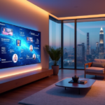 "Unlock Smarter Living with Smart Home Tools: Revolutionize Daily Tasks with Seamless AI Automation and 5G Connectivity" "A modern living room with a large-screen smart display showcasing AI automation features, surrounded by luxurious furniture and cityscape at dusk."