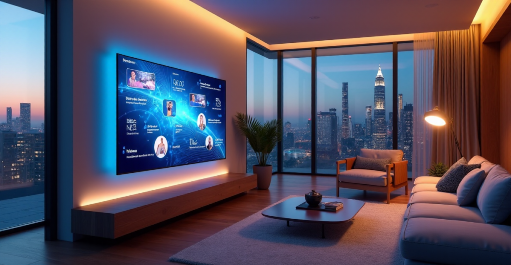 "A modern living room with a large-screen smart display showcasing AI automation features, surrounded by luxurious furniture and cityscape at dusk."