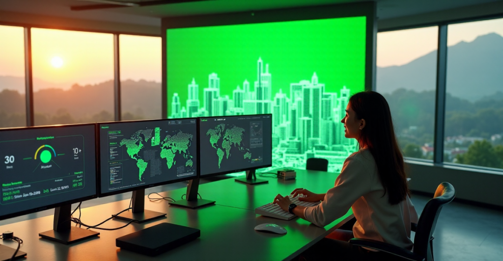 "Image of a futuristic control room with a woman monitoring sustainable city data on high-tech terminals connected by fiber-optic cables and 5G routers."