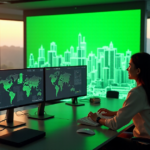 "Image of a futuristic control room with a woman monitoring sustainable city data on high-tech terminals connected by fiber-optic cables and 5G routers."