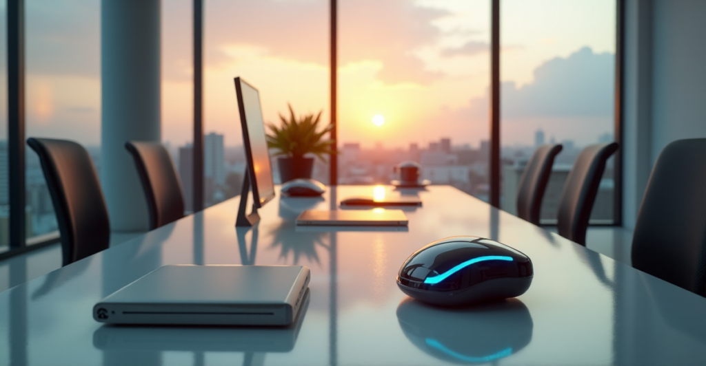 "Image of a modern office with sleek desk featuring top 5G connectivity gadgets, AI automation devices, and natural light."