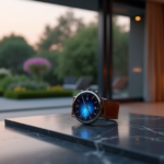 A modern smartwatch on a dark gray marble surface in a high-tech living room with a moonlit garden view, showcasing cutting-edge 5G lifestyle technology.
