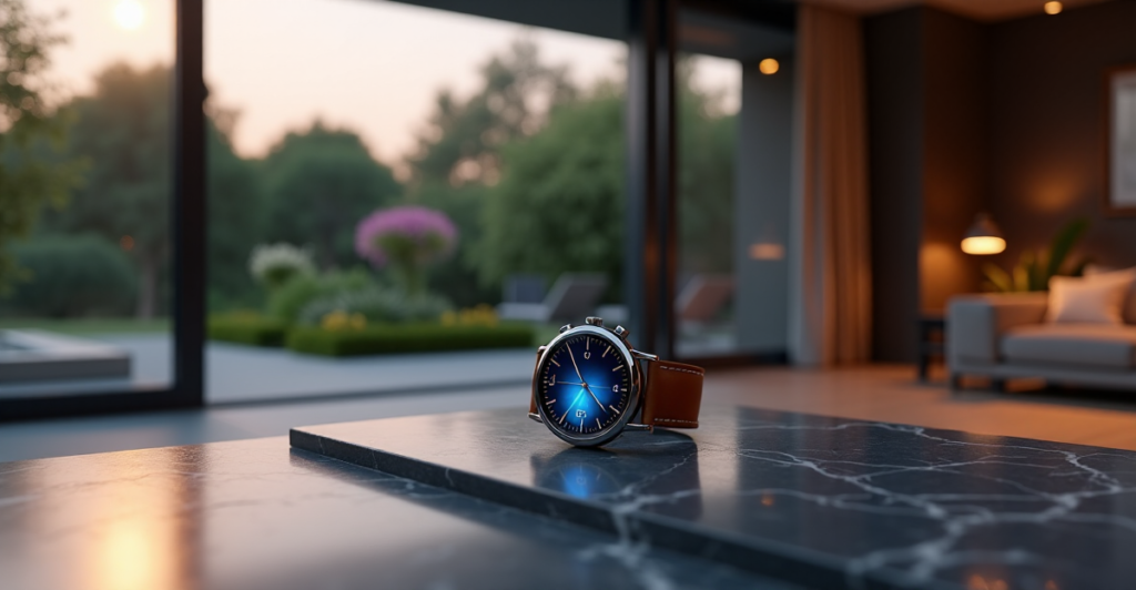 A modern smartwatch on a dark gray marble surface in a high-tech living room with a moonlit garden view, showcasing cutting-edge 5G lifestyle technology.