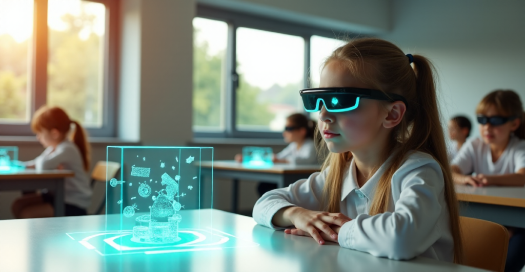 "A young girl sits at a minimalist desk surrounded by cutting-edge educational technology devices in a modern classroom with bright blue and green accents."