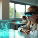 "Revolutionize Learning with Cutting-Edge Education Tech: Empowering a Smarter Future" "A young girl sits at a minimalist desk surrounded by cutting-edge educational technology devices in a modern classroom with bright blue and green accents."