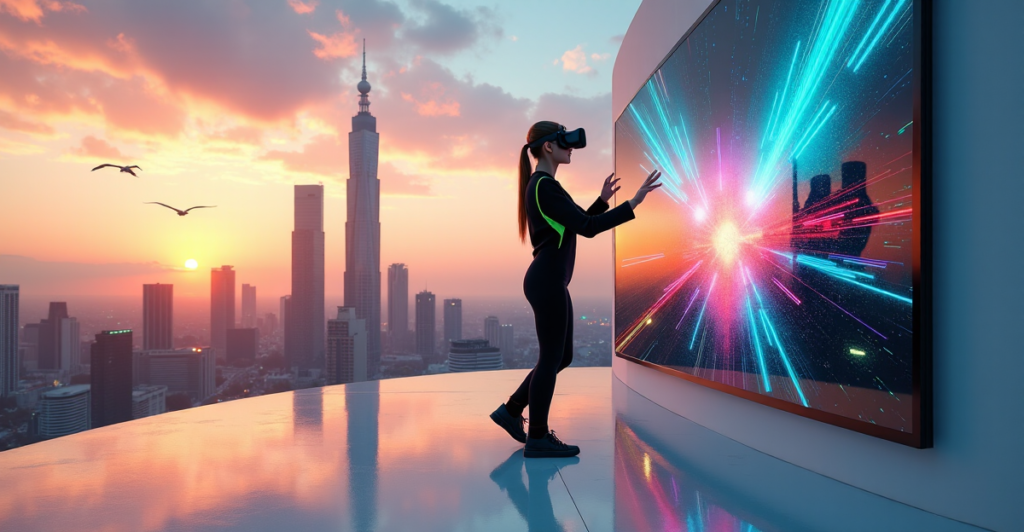 "A young woman in a sleek black jumpsuit stands confidently in front of an immersive virtual reality experience on a massive LED screen, interacting with futuristic AR glasses while overlooking a cityscape at sunset."