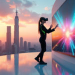 "Revolutionize Entertainment with Cutting-Edge 5G Tech: Unlock Smarter Fun" "A young woman in a sleek black jumpsuit stands confidently in front of an immersive virtual reality experience on a massive LED screen, interacting with futuristic AR glasses while overlooking a cityscape at sunset."