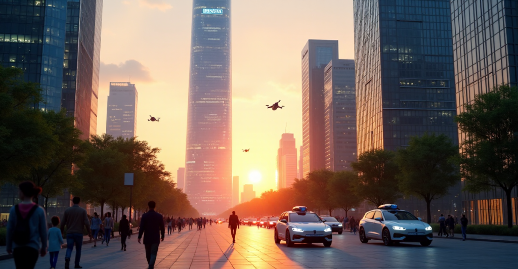 "A futuristic cityscape at sunset featuring a sleek 5G-enabled skyscraper with self-driving cars and drones in the background, symbolizing top 5G connectivity gadgets and innovation."