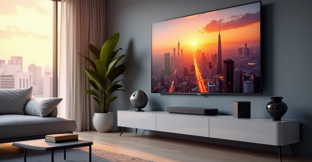"A modern living room showcasing top 5G connectivity gadgets, featuring a smart TV, wireless charging pad, smart speaker, and smartphone charger in a sleek, minimalist setting."