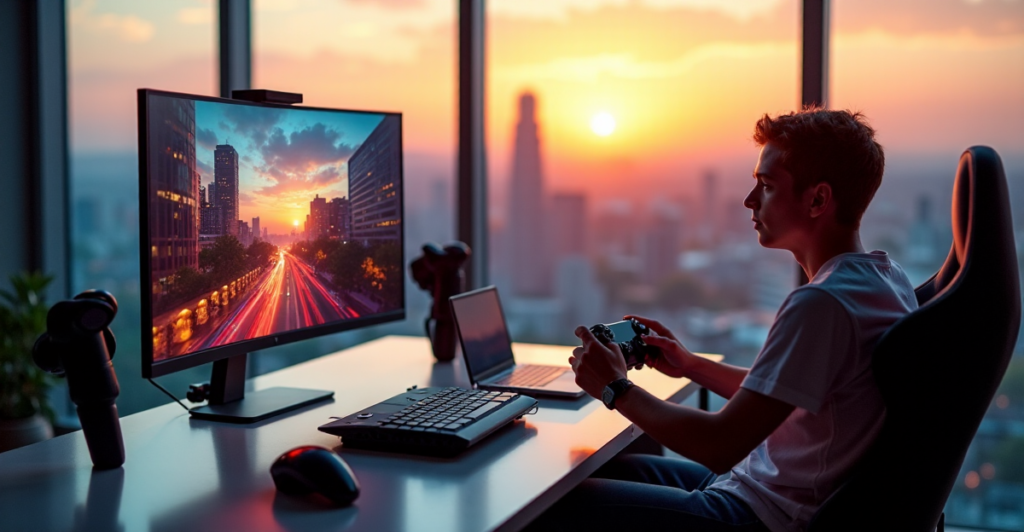 "A sleek gaming setup in a modern living room with a cityscape view at sunset, featuring cutting-edge tech and immersive gaming experience."