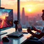 "A sleek gaming setup in a modern living room with a cityscape view at sunset, featuring cutting-edge tech and immersive gaming experience."