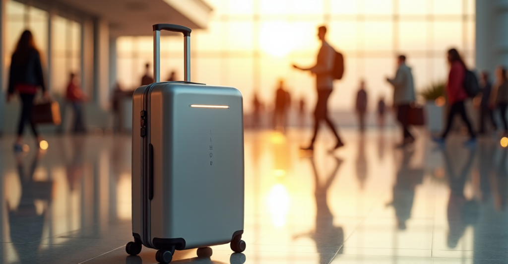 "A sleek, silver smart suitcase with AI-powered automation features on a polished marble floor in a modern airport terminal, surrounded by blurred travelers."