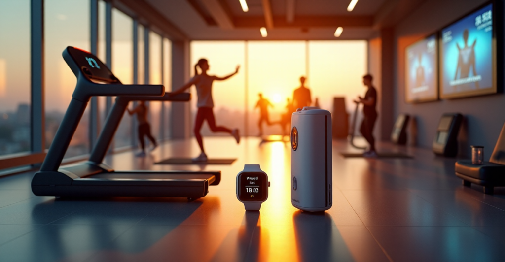 "A high-tech fitness studio featuring innovative health gadgets with top 5G connectivity, athletes working out in the background."