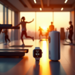 "A high-tech fitness studio featuring innovative health gadgets with top 5G connectivity, athletes working out in the background."