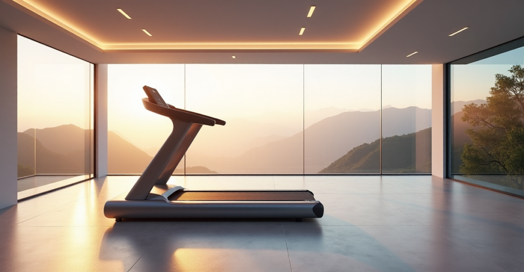 "A serene modern fitness studio featuring a sleek smart treadmill with cutting-edge health tech innovations in a minimalist setting."