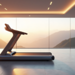 "A serene modern fitness studio featuring a sleek smart treadmill with cutting-edge health tech innovations in a minimalist setting."