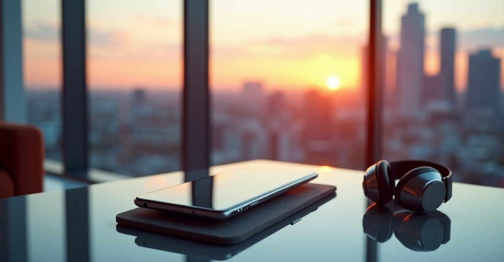 "A sleek silver smartphone on a glass table in a modern living room with cityscape view at sunset, surrounded by cutting-edge tech gadgets."