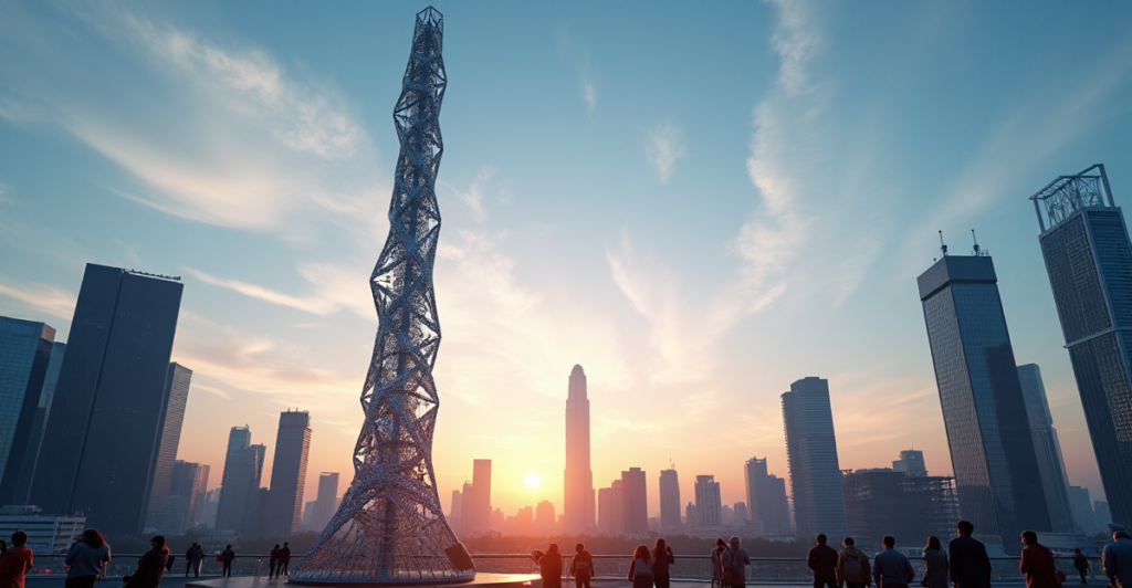 "A sleek, futuristic 5G network tower stands tall amidst a bustling cityscape at dusk, symbolizing technological advancement and limitless connectivity, in preparation for Top 5G Gadgets 2025."