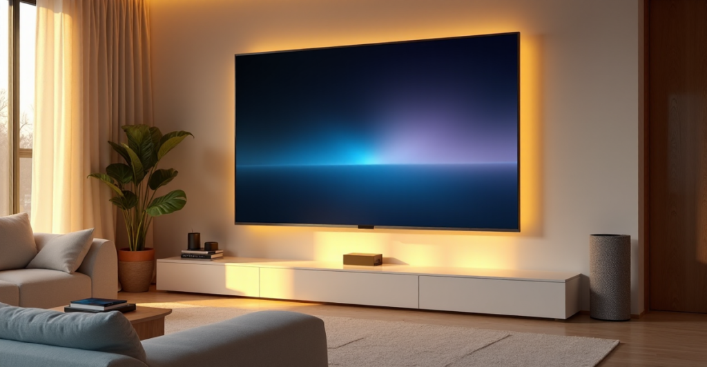 "A modern living room with a large touchscreen display at its center, surrounded by plush couches and smart home devices, exuding serenity and sophistication amidst warm golden light."