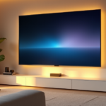 "A modern living room with a large touchscreen display at its center, surrounded by plush couches and smart home devices, exuding serenity and sophistication amidst warm golden light."