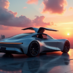 "A sleek, silver self-driving car charges wirelessly on a raised platform in a futuristic cityscape at sunset, showcasing cutting-edge innovation."