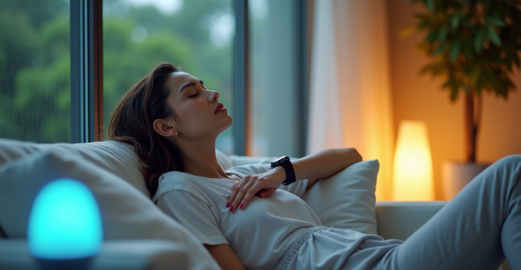 "A serene young woman relaxes on a white couch surrounded by cutting-edge wellness gadgets and devices in a modern living room with soft rain outside."