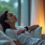 "A serene young woman relaxes on a white couch surrounded by cutting-edge wellness gadgets and devices in a modern living room with soft rain outside."