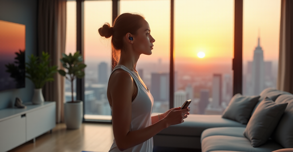 A young woman stands confidently in a modern smart home surrounded by cutting-edge technology devices, exuding relaxation and empowerment amidst serene cityscapes at sunset.