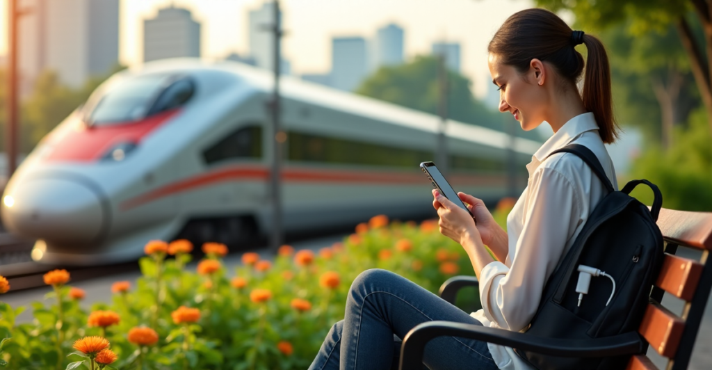 "A young woman sits on a train bench, surrounded by greenery, using her smartphone and high-tech backpack to navigate her route with cutting-edge travel gadgets."