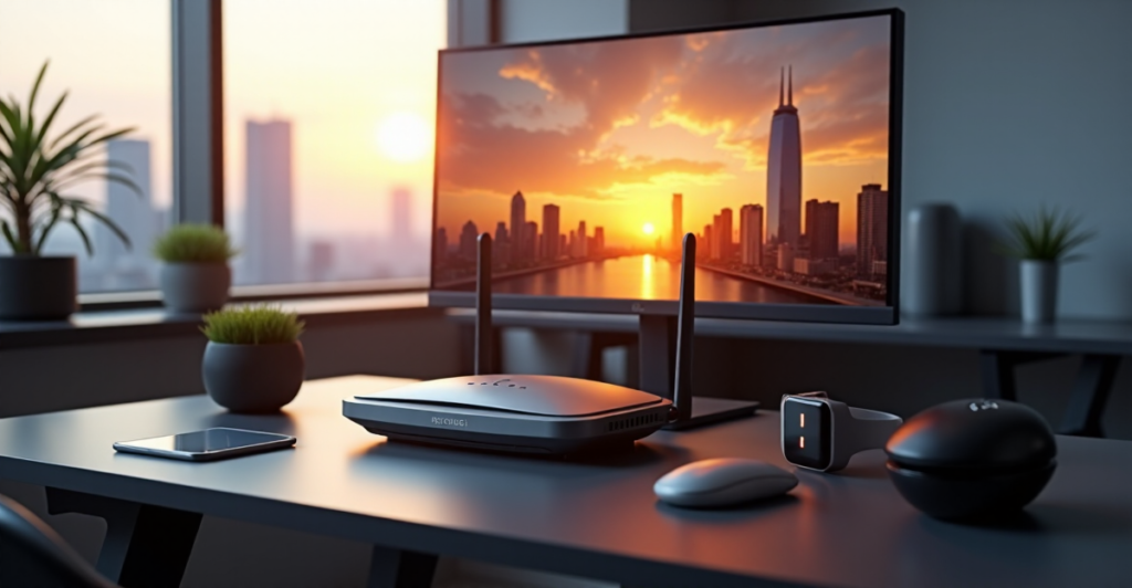 "A sleek silver 5G router with AI-powered automation sits on a high-gloss black desk amidst cutting-edge gadgets in a modern office space."