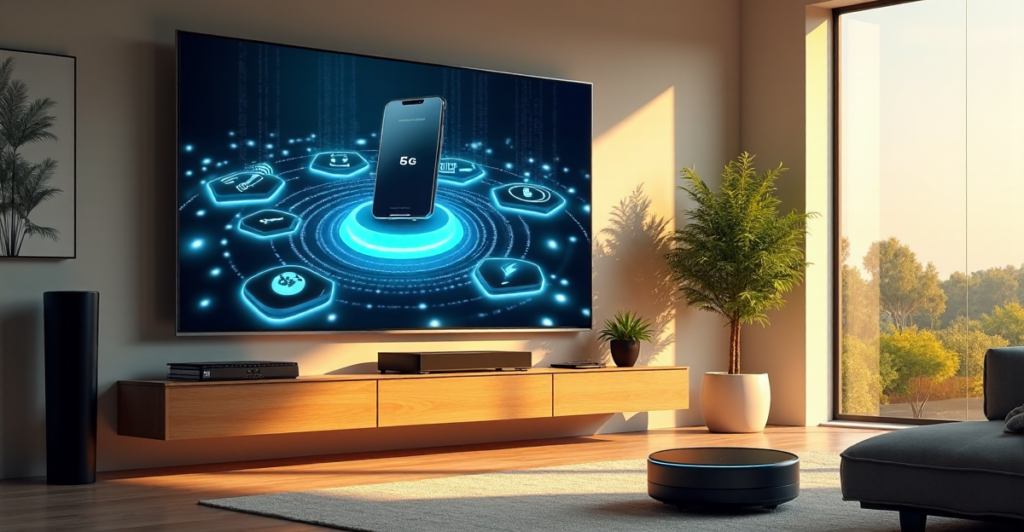 "A futuristic living room featuring a cutting-edge smart TV displaying a 3D holographic interface with AI tools and gadgets, surrounded by lush greenery and modern art pieces."