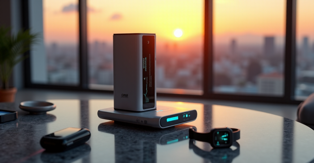 "A sleek silver power bank with a docked smartphone and travel gadgets on a granite surface in a modern living room, showcasing top 5G connectivity gadgets 2025."
