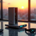 "A sleek silver power bank with a docked smartphone and travel gadgets on a granite surface in a modern living room, showcasing top 5G connectivity gadgets 2025."