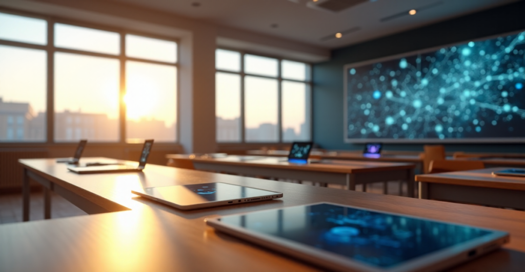 "An empty modern classroom featuring cutting-edge technology, including sleek laptops and AI-powered tablets, with a large display screen showcasing interconnected data points."