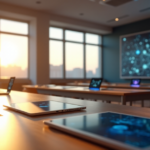 "An empty modern classroom featuring cutting-edge technology, including sleek laptops and AI-powered tablets, with a large display screen showcasing interconnected data points."