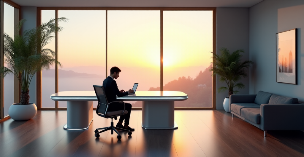 "A futuristic home office with a sleek AI-powered smart desk featuring a 4K touchscreen display, surrounded by minimalist wooden frame and LED lighting accents, showcasing calm productivity amidst serene morning landscape."