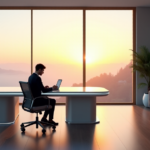 "A futuristic home office with a sleek AI-powered smart desk featuring a 4K touchscreen display, surrounded by minimalist wooden frame and LED lighting accents, showcasing calm productivity amidst serene morning landscape."