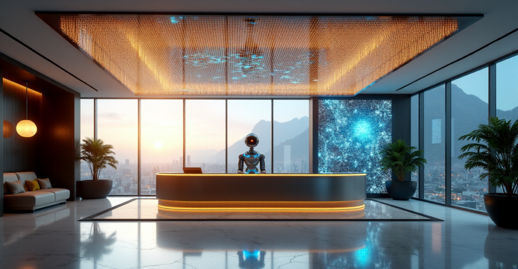 "A sleek hotel lobby featuring an AI-powered reception desk with a humanoid robot, lush greenery, and a floor-to-ceiling LED screen displaying real-time data on top 5G connectivity gadgets."