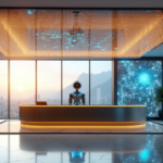 "A sleek hotel lobby featuring an AI-powered reception desk with a humanoid robot, lush greenery, and a floor-to-ceiling LED screen displaying real-time data on top 5G connectivity gadgets."