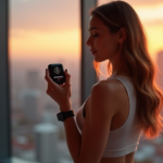 "A young woman stands confidently in a modern living room, wearing a fitness tracker and holding a cutting-edge smartwatch with high-resolution display."
