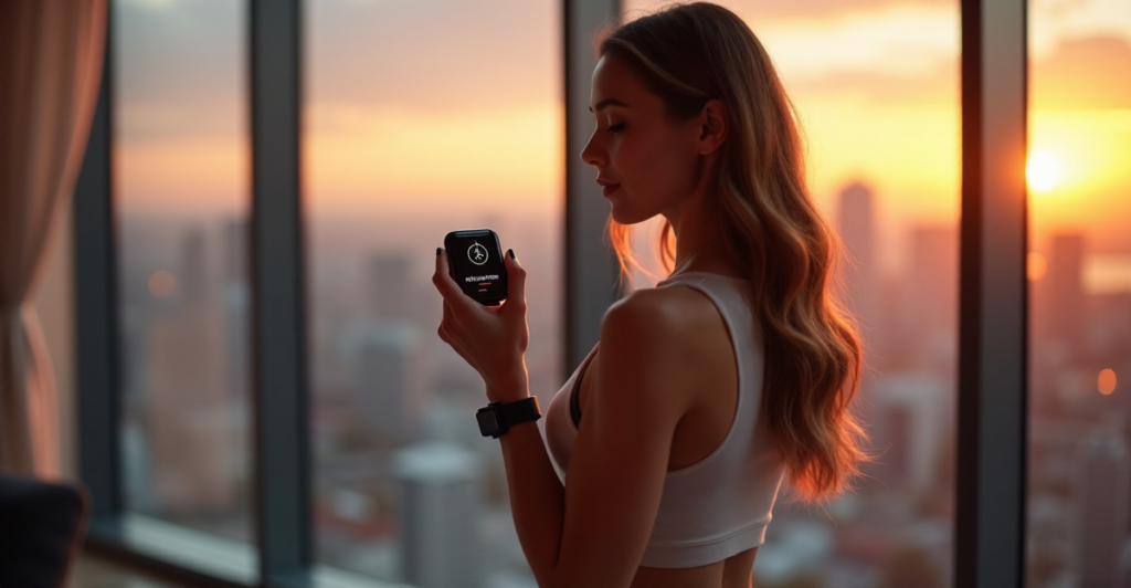 "A young woman stands confidently in a modern living room, wearing a fitness tracker and holding a cutting-edge smartwatch with high-resolution display."