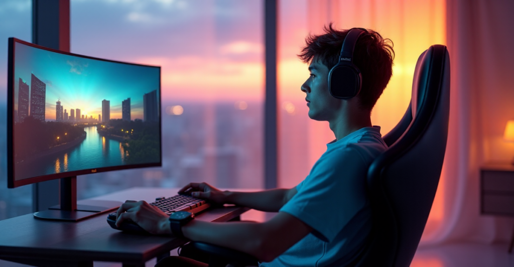 "A young gamer sits in a futuristic living room surrounded by cutting-edge 5G tech innovations, immersed in an intense gaming experience with Top 5G Gadgets 2025."