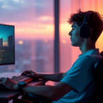 "A young gamer sits in a futuristic living room surrounded by cutting-edge 5G tech innovations, immersed in an intense gaming experience with Top 5G Gadgets 2025."