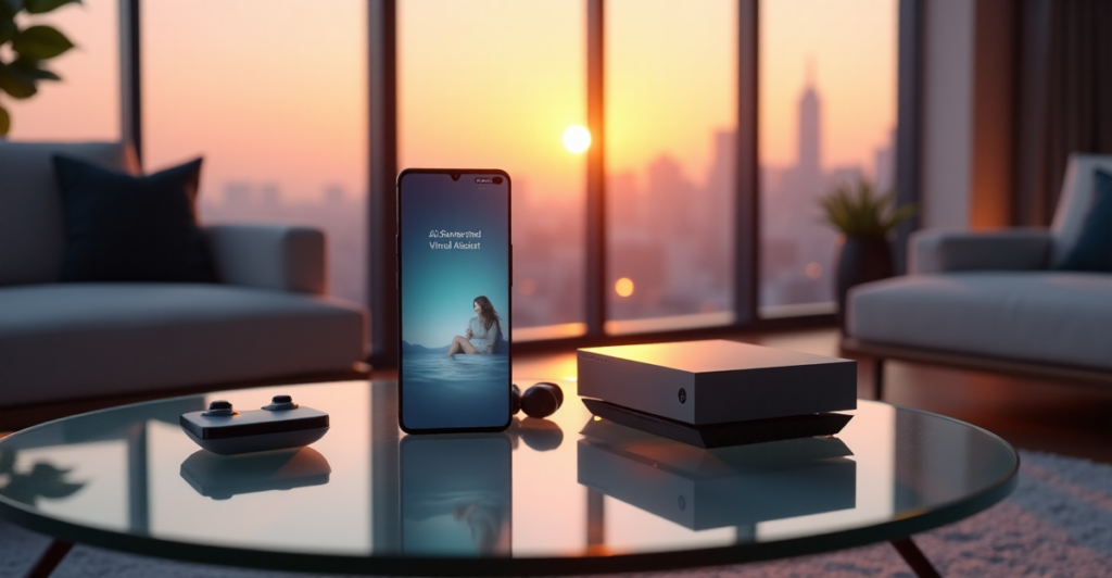 "A sleek silver smartphone with AI-powered virtual assistant on a minimalist coffee table surrounded by gadgets in a modern living room with cityscape view at sunset."