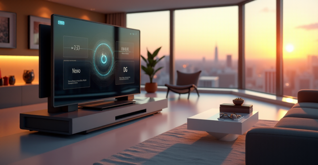 "A sleek smart home control center with top 5G connectivity gadgets, AI automation devices, and modern decor in a minimalist living room with cityscape view at sunset."